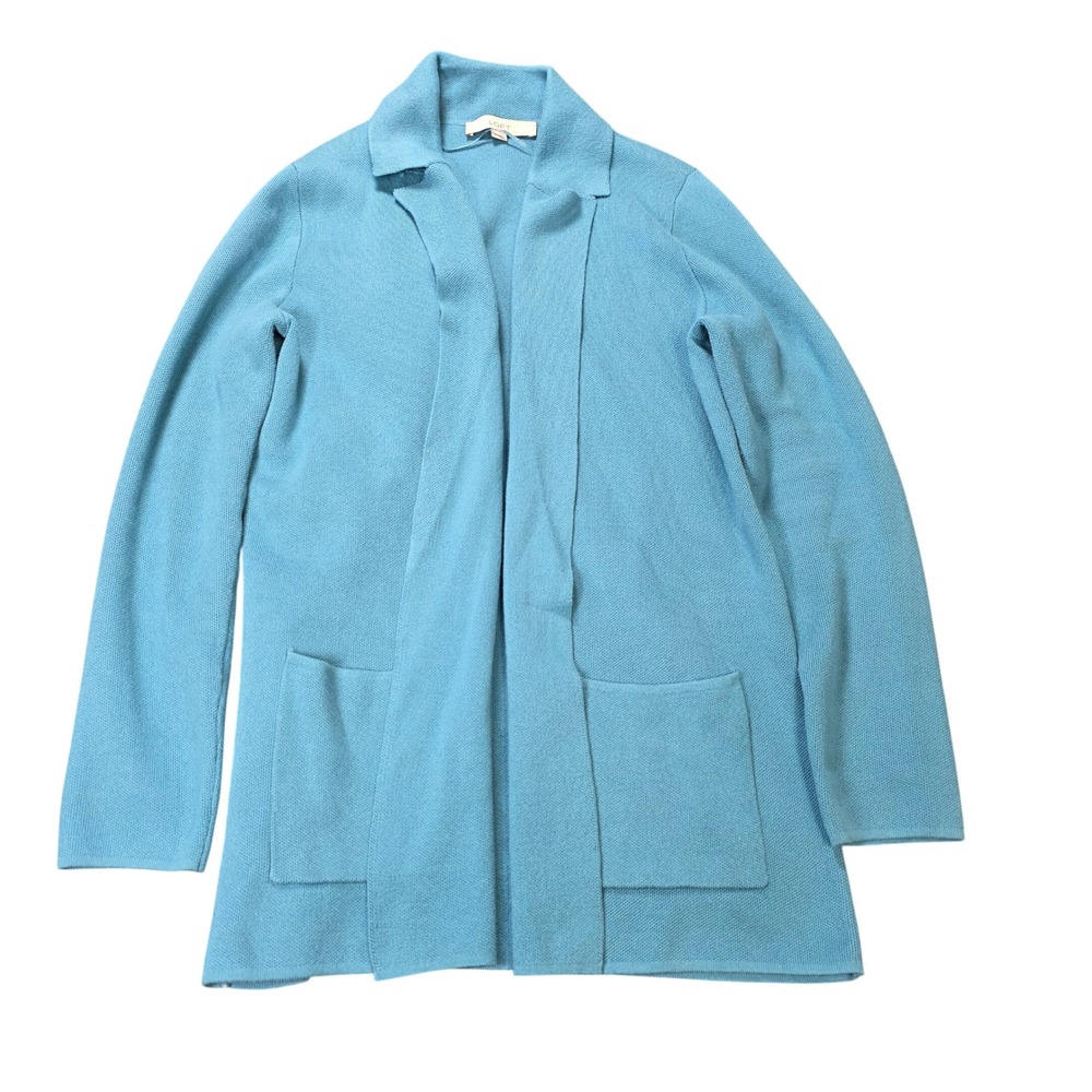 LOFT Cotton Open‎ Front Cardigan Women's Size Small Blue Collared Pockets